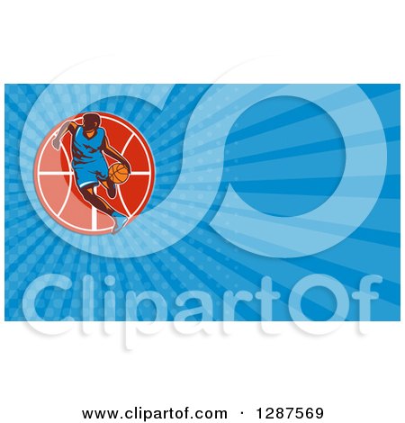 Clipart of a Retro Basketball Player Dribbling and Blue Rays Background or Business Card Design - Royalty Free Illustration by patrimonio