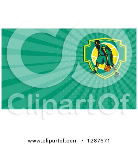 Clipart of a Retro Woodcut Basketball Player Dribbling and Green Rays Background or Business Card Design - Royalty Free Illustration by patrimonio