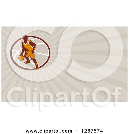 Clipart of a Retro Basketball Player and Taupe Rays Background or Business Card Design - Royalty Free Illustration by patrimonio