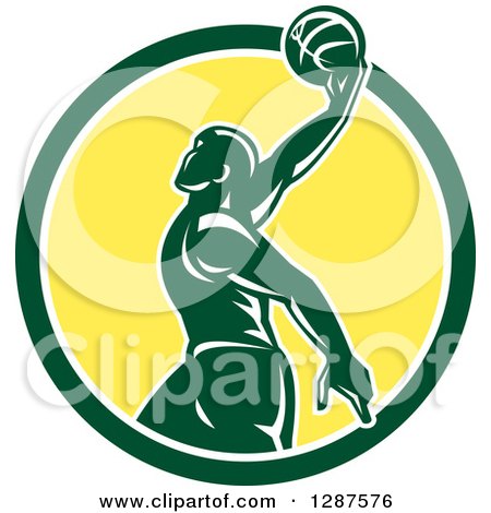 Clipart of a Retro Silhouetted Green Basketball Player Doing a Layup in a Green White and Yellow Circle - Royalty Free Vector Illustration by patrimonio