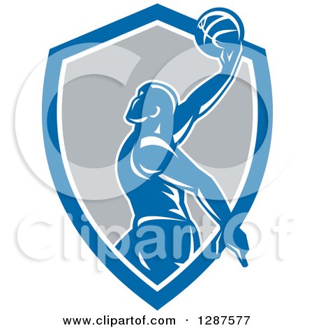 Clipart of a Retro Silhouetted Basketball Player Doing a Layup in a Blue White and Gray Shield - Royalty Free Vector Illustration by patrimonio