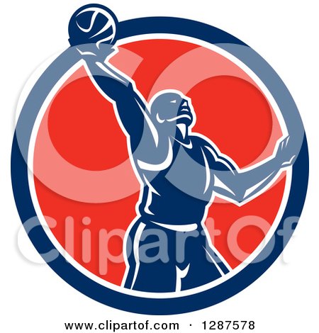 Clipart of a Retro Silhouetted Basketball Player Doing a Layup in a Blue White and Red Circle - Royalty Free Vector Illustration by patrimonio