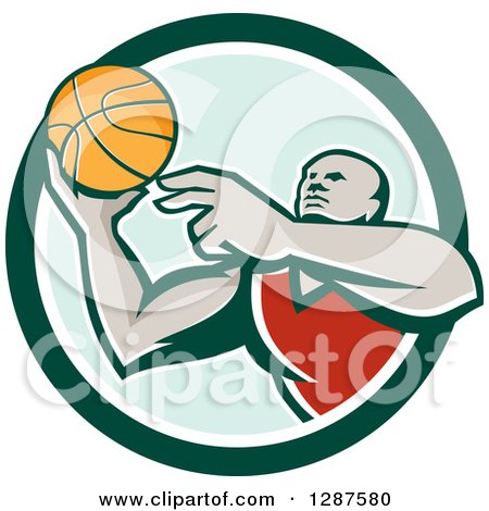 Clipart of a Retro Black Male Gen Basketball Player Doing a Layup in a Green and White Circle - Royalty Free Vector Illustration by patrimonio