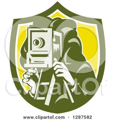 Clipart of a Retro Male Photographer Using a Box Camera in a Green White and Yellow Shield - Royalty Free Vector Illustration by patrimonio