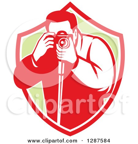 Clipart of a Retro Male Photographer Taking Pictures in a Red White and Green Shield - Royalty Free Vector Illustration by patrimonio