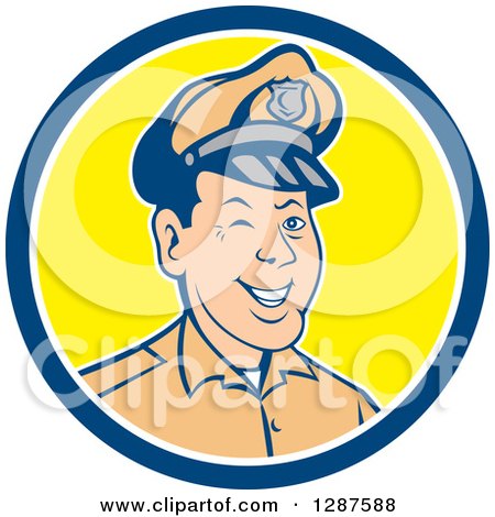 Clipart of a Retro Cartoon Winking White Male Police Officer in a Blue White and Yellow Circle - Royalty Free Vector Illustration by patrimonio