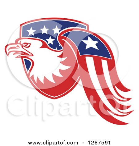 Clipart of a Bald Eagle and American Flag Emerging from a Shield - Royalty Free Vector Illustration by patrimonio