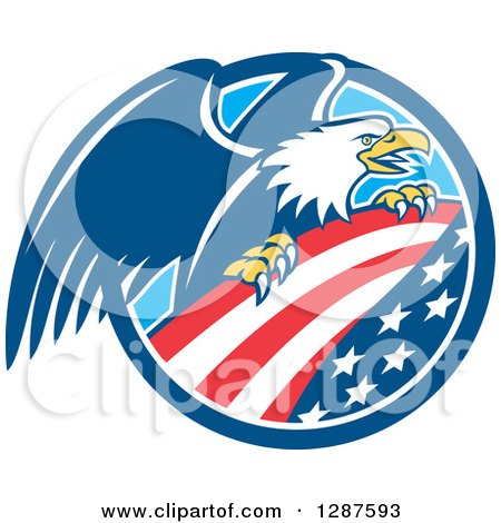 Clipart of a Bald Eagle Perched on an American Flag in a Blue and White Circle - Royalty Free Vector Illustration by patrimonio