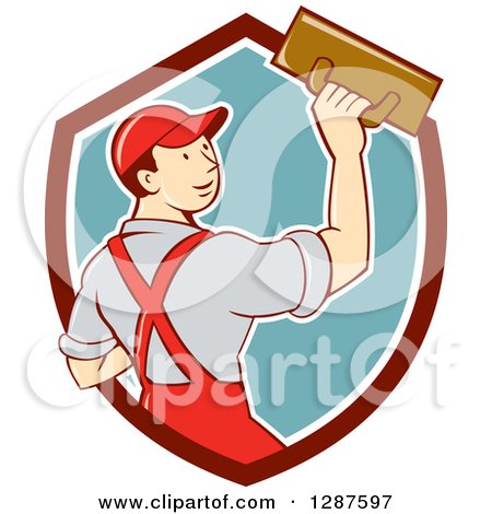 Clipart of a Retro Cartoon White Male Plasterer in a Maroon White and Turquoise Shield - Royalty Free Vector Illustration by patrimonio