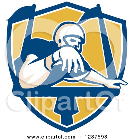 Clipart of a Retro American Football Player Scoring a Touchdown in a Blue White and Yellow Shield - Royalty Free Vector Illustration by patrimonio