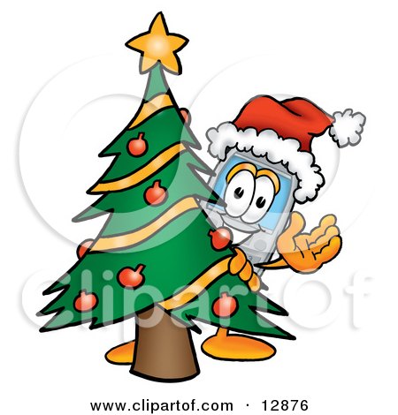 Clipart Picture of a Wireless Cellular Telephone Mascot Cartoon Character Waving and Standing by a Decorated Christmas Tree by Mascot Junction