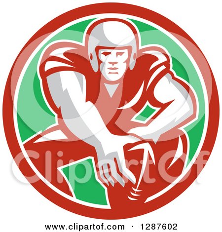 Clipart of a Retro Male American Football Player in Snap Position in a Red White and Green Circle - Royalty Free Vector Illustration by patrimonio