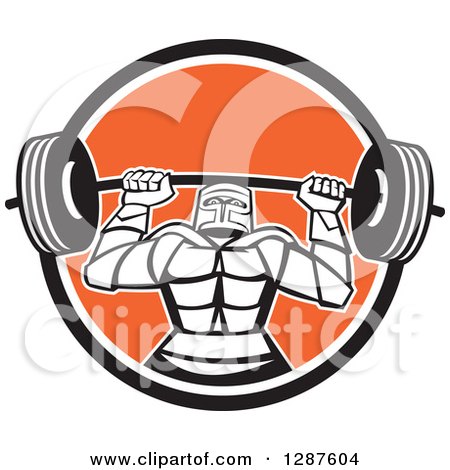 Clipart of a Retro Strong Knight Working out with a Barbell in a Black White and Orange Circle - Royalty Free Vector Illustration by patrimonio