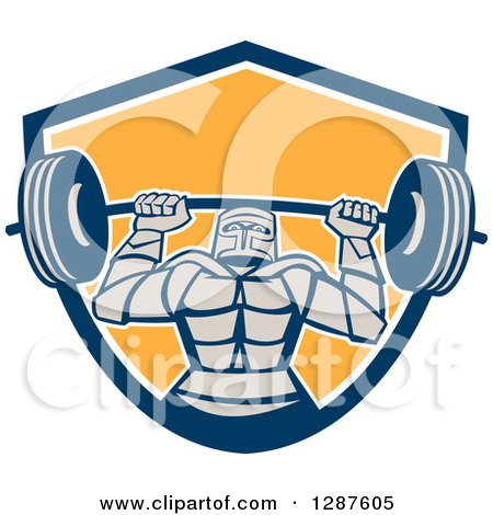 Clipart of a Retro Strong Knight Working out with a Barbell in a Blue White and Yellow Shield - Royalty Free Vector Illustration by patrimonio