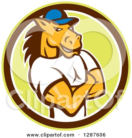 Clipart of a Cartoon Casual Muscular Horse Man with Folded Arms in a Green Brown Adn White Circle - Royalty Free Vector Illustration by patrimonio