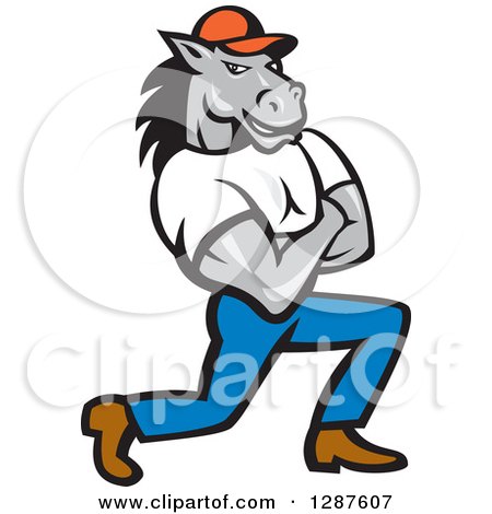 Clipart of a Cartoon Casual Muscular Horse Man Kneeling with Folded Arms - Royalty Free Vector Illustration by patrimonio