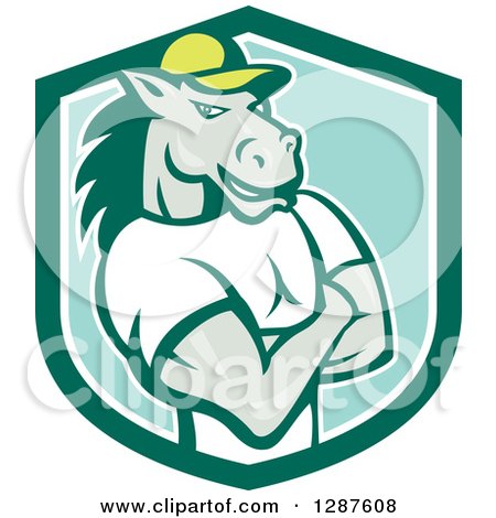 Clipart of a Cartoon Casual Muscular Horse Man with Folded Arms in a Green Turquoise and White Shield - Royalty Free Vector Illustration by patrimonio
