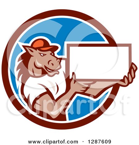 Clipart of a Cartoon Casual Muscular Horse Man Presenting a Sign in a Brown White and Blue Circle - Royalty Free Vector Illustration by patrimonio