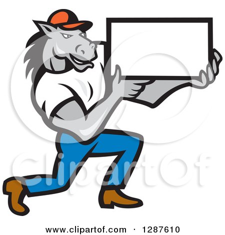 Clipart of a Cartoon Casual Muscular Horse Man Presenting a Sign - Royalty Free Vector Illustration by patrimonio
