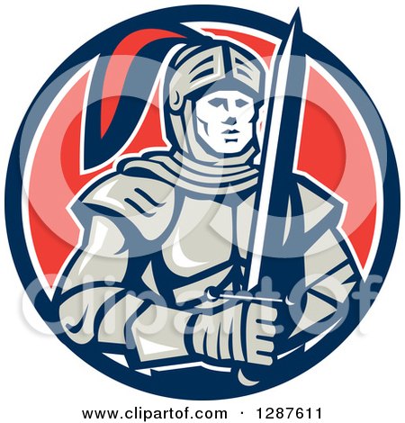 Clipart of a Retro Male Knight in Armor, Holding a Sword in a Blue White and Red Circle - Royalty Free Vector Illustration by patrimonio