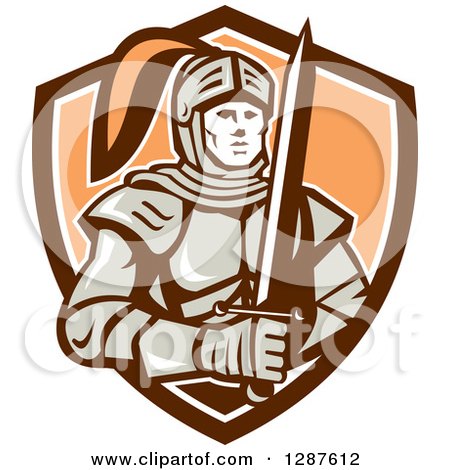 Clipart of a Retro Male Knight in Armor, Holding a Sword in a Brown White and Pastel Orange Shield - Royalty Free Vector Illustration by patrimonio