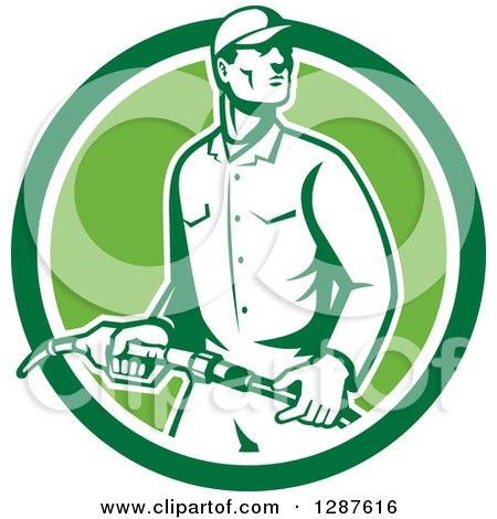 Clipart of a Retro Gas Station Attendant Jockey Holding a Nozzle in a Green and White Circle - Royalty Free Vector Illustration by patrimonio