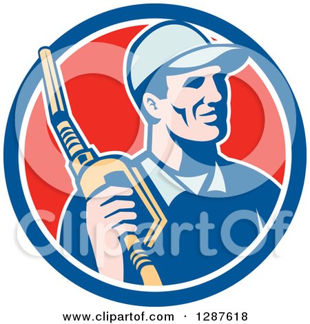 Clipart of a Retro Gas Station Attendant Jockey Holding a Nozzle in a Blue White and Red Circle - Royalty Free Vector Illustration by patrimonio