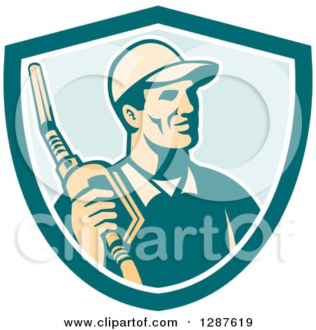Clipart of a Retro Gas Station Attendant Jockey Holding a Nozzle in a Turquoise White and Blue Shield - Royalty Free Vector Illustration by patrimonio