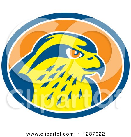 Clipart of a Retro Peregrine Falcon Head in a Blue White and Orange Oval - Royalty Free Vector Illustration by patrimonio
