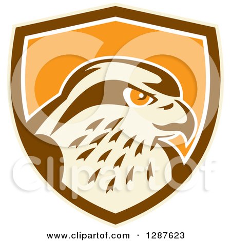 Clipart of a Retro Peregrine Falcon Head in a Tan Brown White and Orange Shield - Royalty Free Vector Illustration by patrimonio