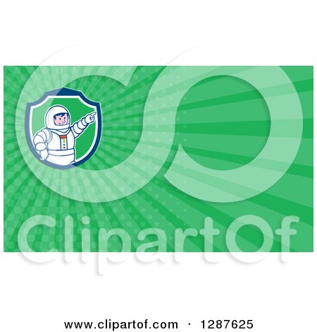 Clipart of a Retro Cartoon Male Astronaut Pointing and Green Rays Background or Business Card Design - Royalty Free Illustration by patrimonio