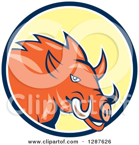 Clipart of a Cartoon Wild Razorback Boar Pig in a Blue White and Yellow Circle - Royalty Free Vector Illustration by patrimonio