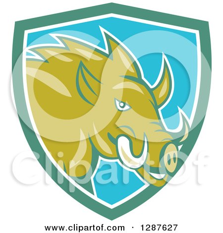 Clipart of a Cartoon Wild Razorback Boar Pig in a Turquoise White and Blue Shield - Royalty Free Vector Illustration by patrimonio