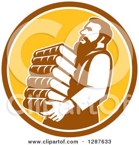 Clipart of Saint Jerome Carrying a Stack of Books in a Brown White and Yellow Circle - Royalty Free Vector Illustration by patrimonio