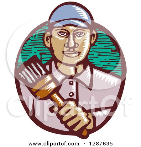 Clipart of a Retro Woodcut Male Hispanic Painter Holding a Brush - Royalty Free Vector Illustration by patrimonio