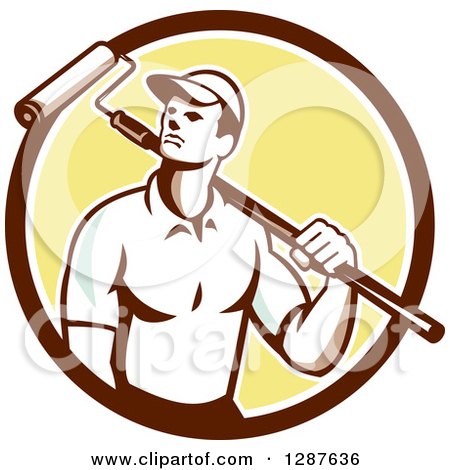 Clipart of a Retro Male House Painter with a Roller Brush over His Shoulder in a Brown White and Yellow Circle - Royalty Free Vector Illustration by patrimonio
