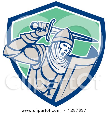 Clipart of a Retro Crusader Knight Wielding a Sword in a Blue White and Green Shield - Royalty Free Vector Illustration by patrimonio