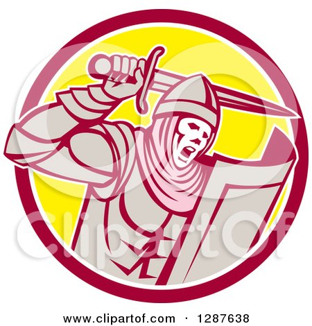 Clipart of a Retro Crusader Knight Wielding a Sword in a Circle - Royalty Free Vector Illustration by patrimonio