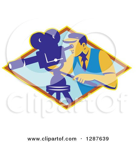Clipart of a Retro Male Cameraman Working in a Yellow Brown and Blue Diamond - Royalty Free Vector Illustration by patrimonio