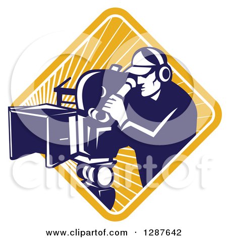 Clipart of a Retro Blue and White Male Cameraman Working in a Yellow Sunburst Diamond - Royalty Free Vector Illustration by patrimonio