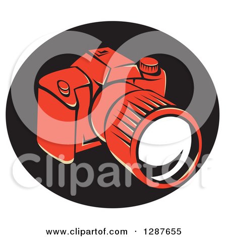 Clipart of a Retro Styled Red DSLR Camera in a Black Oval - Royalty Free Vector Illustration by patrimonio
