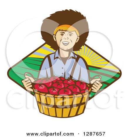 Clipart of a Retro Boy Farmer Holding a Bushel of Tomatoes over a Farmland Diamond - Royalty Free Vector Illustration by patrimonio