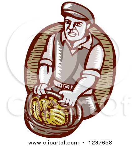 Clipart of a Retro Woodcut Male Farmer Carring a Basket of Harvest Vegetables - Royalty Free Vector Illustration by patrimonio