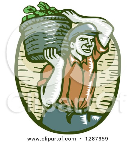 Clipart of a Retro Woodcut Male Farmer Carring a Basket of Harvest Vegetables on His Shoulder - Royalty Free Vector Illustration by patrimonio