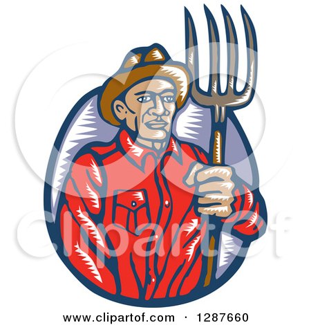 Clipart of a Retro Woodcut Male Farmer Holding a Pitchfork - Royalty Free Vector Illustration by patrimonio