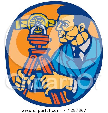 Clipart of a Retro Woodcut Ale Surveyor Using a Theodolite Instrument in a Blue and Orange Oval - Royalty Free Vector Illustration by patrimonio