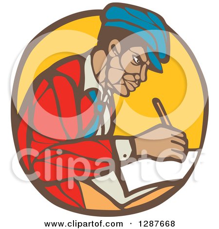 Clipart of a Retro Woodcut Black Male Journalist Writing in a Brown and Yellow Circle - Royalty Free Vector Illustration by patrimonio