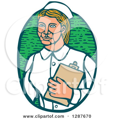 Clipart of a Retro Woodcut Blond Caucasian Female Nurse Holding a Cliboard in a Green Oval - Royalty Free Vector Illustration by patrimonio
