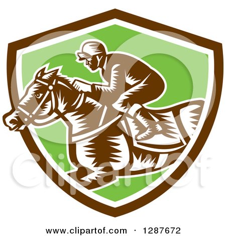 Clipart of a Retro Woodcut Jockey Racing a Horse in a Brown White and Green Shield - Royalty Free Vector Illustration by patrimonio