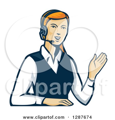 Clipart of a Retro Red Haired White Female Call Center Worker Waving and Wearing a Headset - Royalty Free Vector Illustration by patrimonio